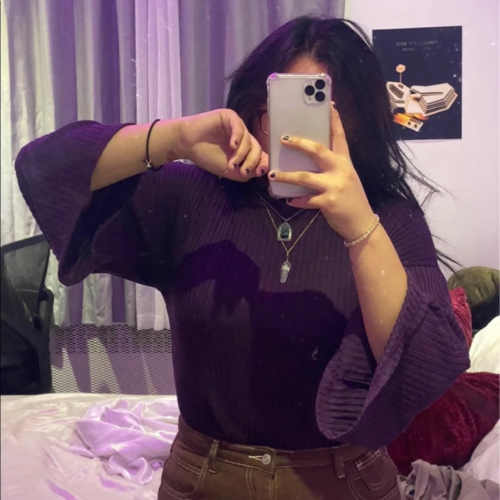 purple ribbed knit turtleneck top